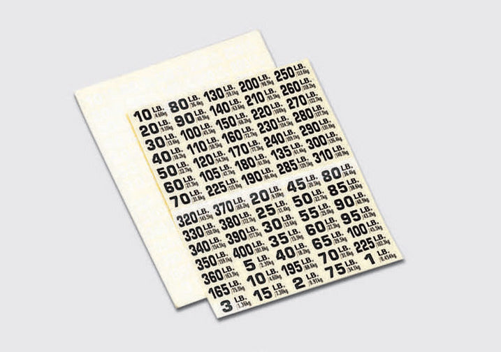 Dumbbell Number Sticker Set - 3 lbs - 200 lbs - White on Black Round V
