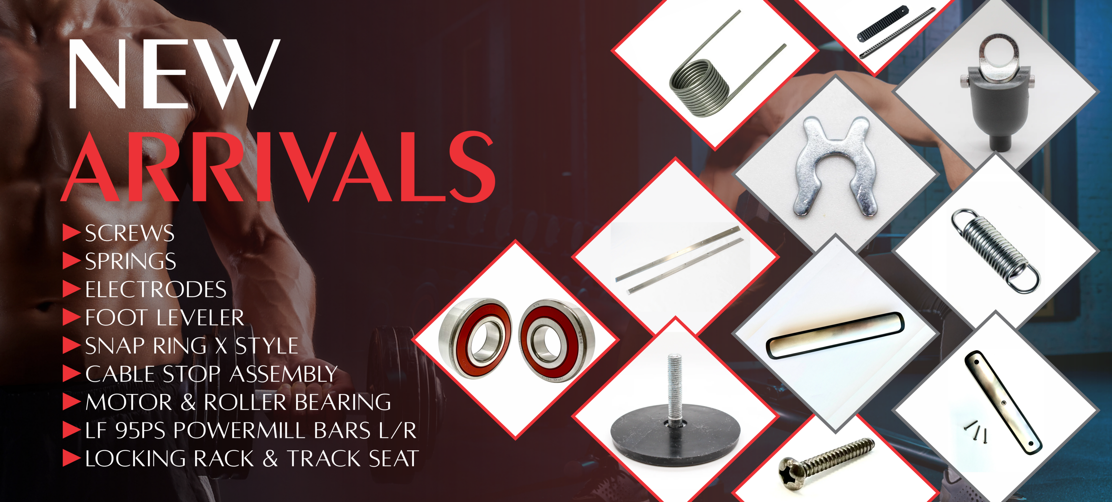 Promotional banner for new arrivals with various product images and text on a dark background.