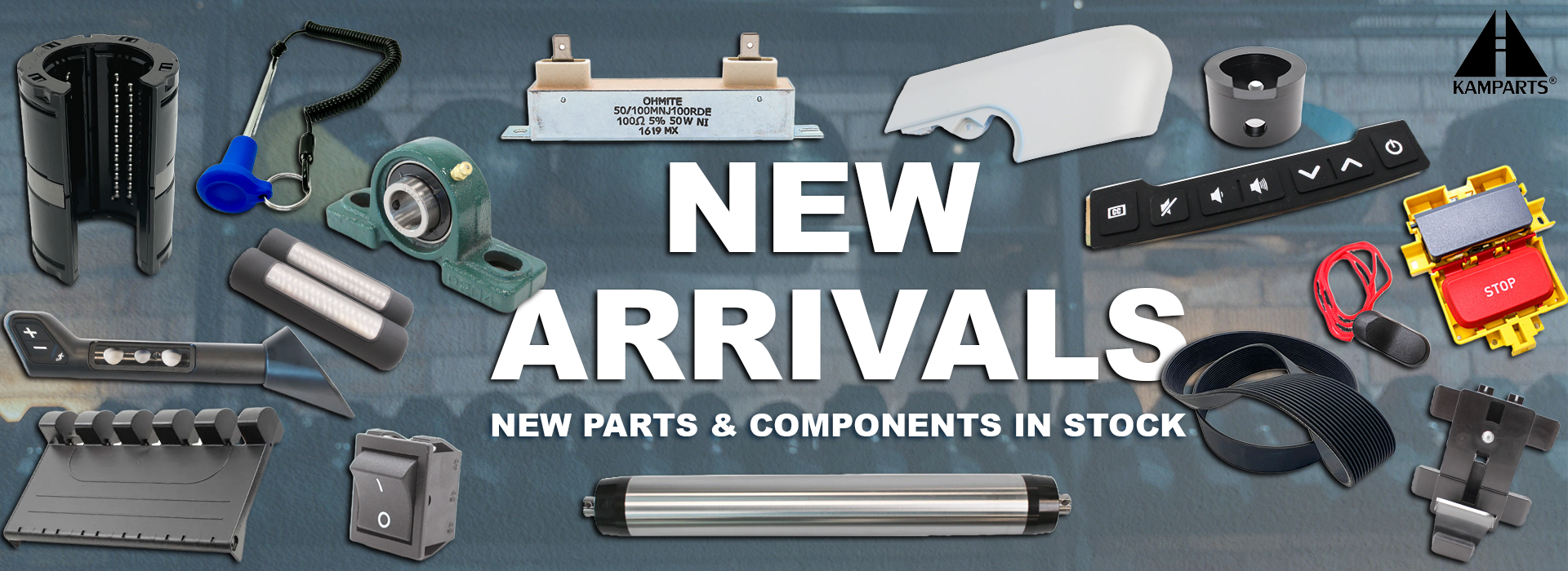 Promotional banner for new parts and components with various mechanical parts on a blue gradient background.