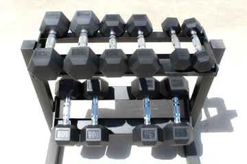 Rubber Hex Dumbbell Set - 5 - 25 LB - 5 Pairs with Rack