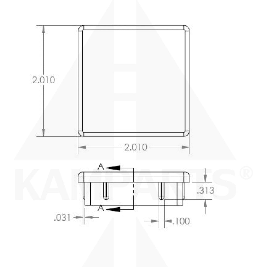 End Cap - Fits 2” Square x 11 Gauge Tube. U.S. Made Parts & Components