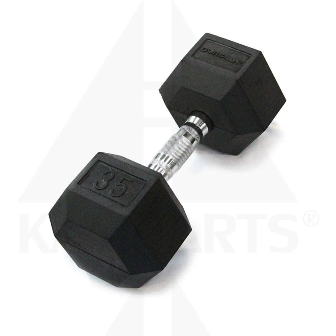 Black hexagonal dumbbell with '35' marking on a white background