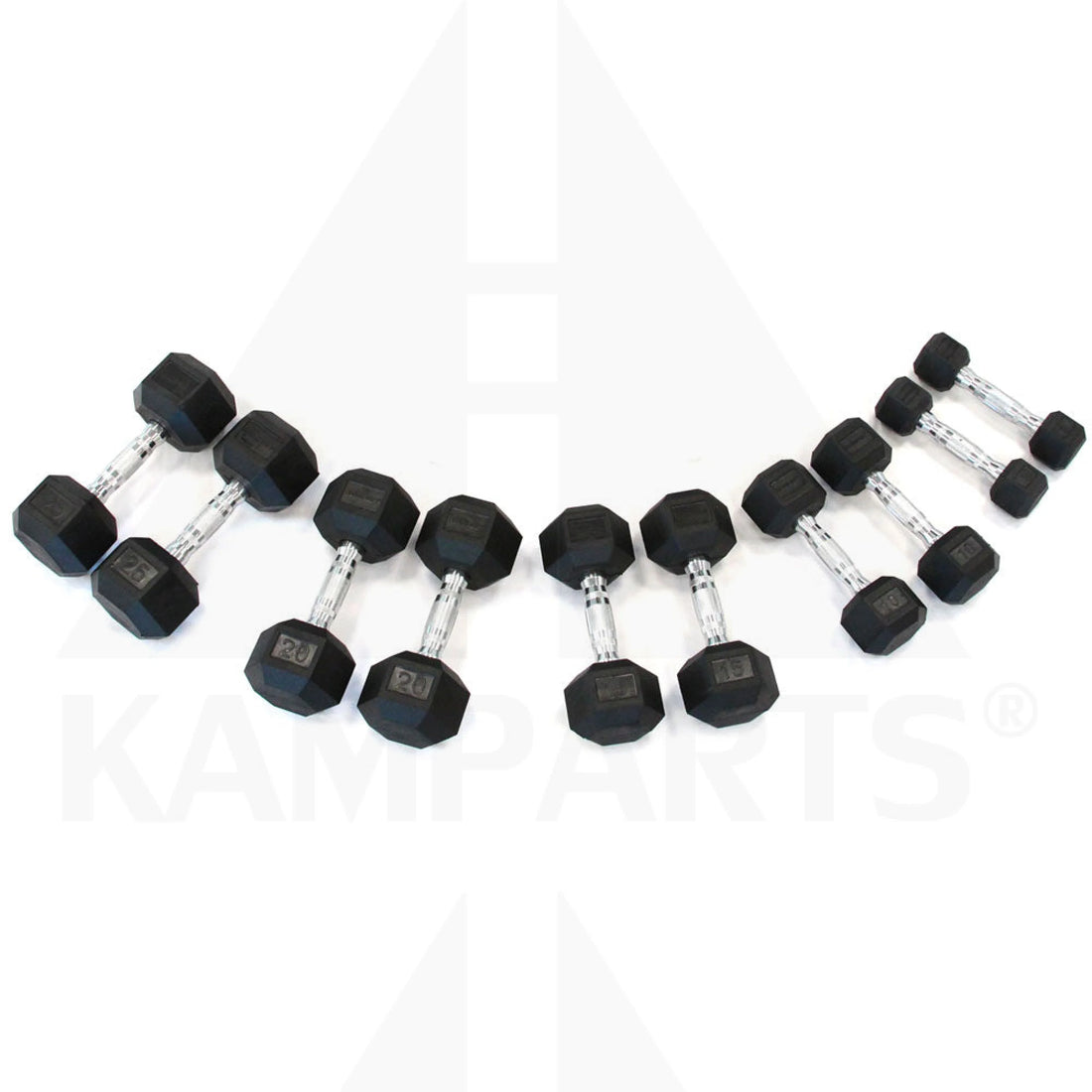 Rubber Hex Dumbbell Set - 5 - 25 LB - 5 Pairs w/black rack Bars Weights & Benches