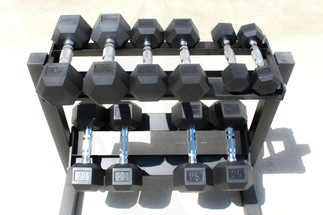 Rubber Hex Dumbbell Set - 5 - 25 LB - 5 Pairs with Rack Bars Weights & Benches