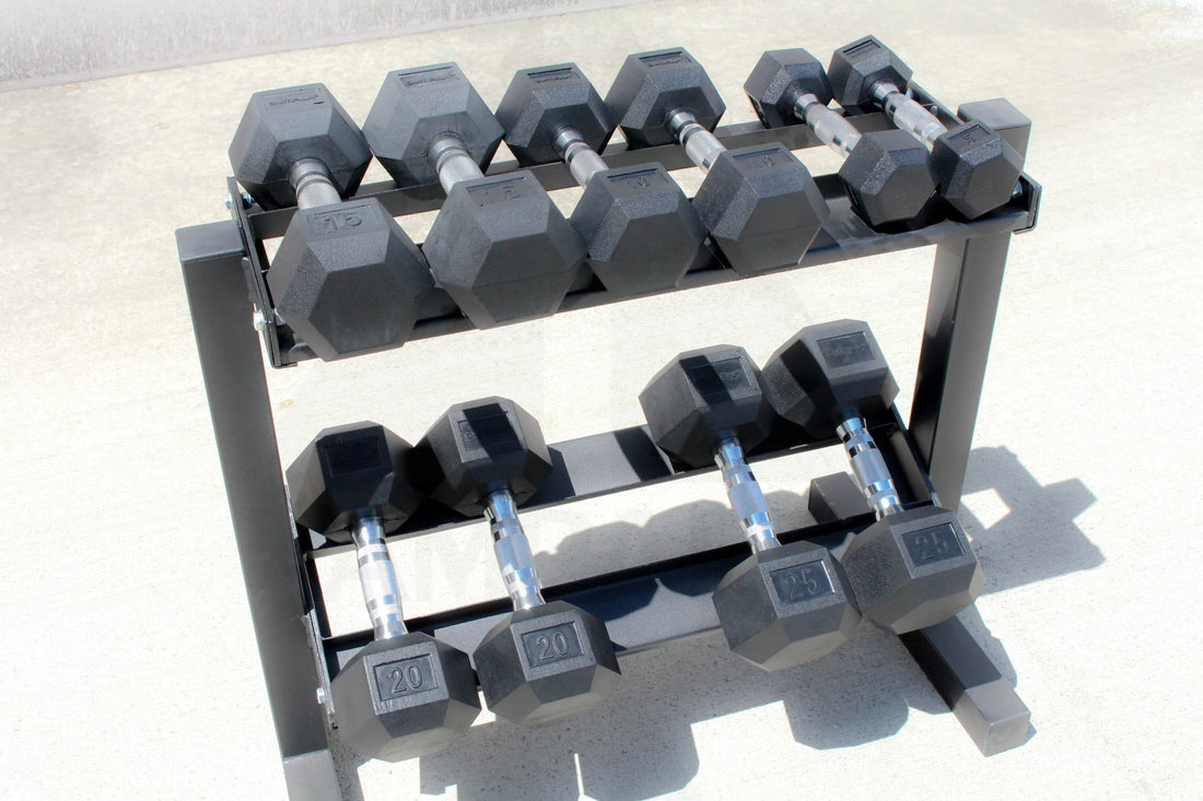 Rubber Hex Dumbbell Set - 5 - 25 LB - 5 Pairs with Rack Bars Weights & Benches