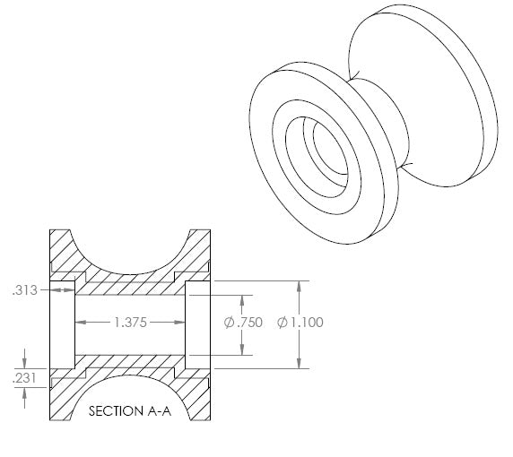 Heavy Duty PU Roller - Metal Hub Molded. 1/2” Bore. 60mm O.D. x 2” H.