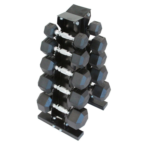 Rubber Hex Dumbbell Set - 5 - 25 LB - 5 Pairs with Rack